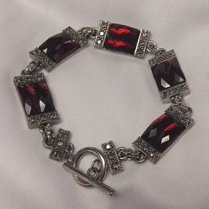 Vintage silver toggle bracelet with red jewels
